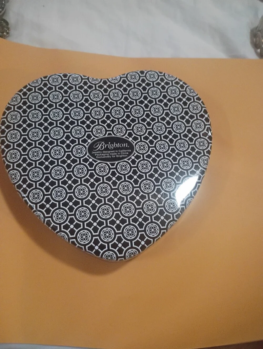 Brighton Black and White Damask Heart Tin With Lid